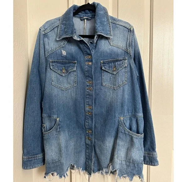 Free People‎ Moonchild Distressed Denim Shirt Jacket Indigo Blue Small - Picture 2 of 9